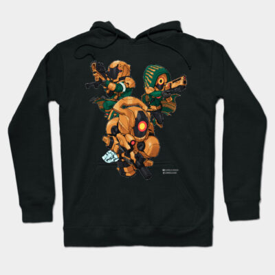Black hoodie with vibrant orange sci-fi characters design, cotton material, casual wear for men and women.