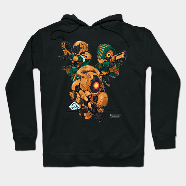 Black hoodie with vibrant orange sci-fi characters design, cotton material, casual wear for men and women.