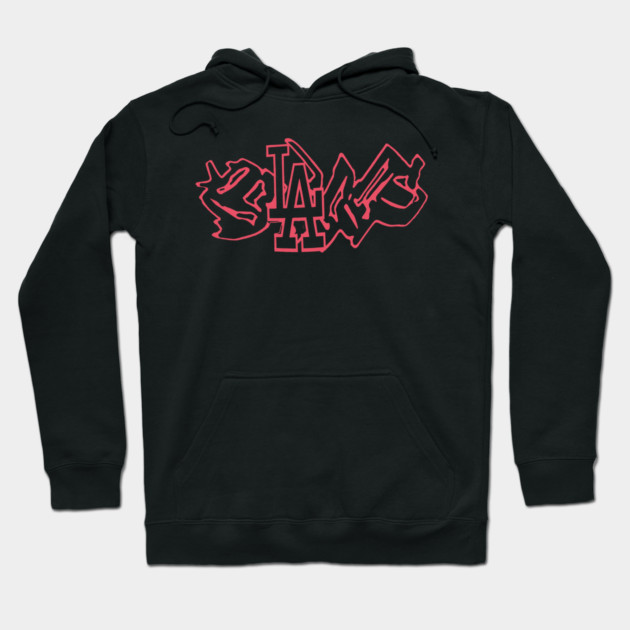 Black hoodie with red graffiti-style graphic, featuring adjustable drawstrings and front pocket, casual streetwear.