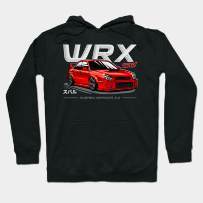 Black hoodie featuring a red sports car graphic and "WRX" text, perfect for car enthusiasts and casual wear.