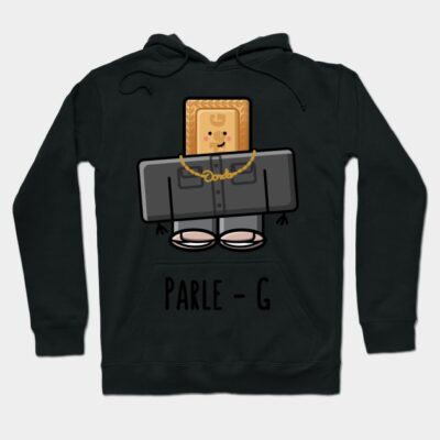Black hoodie with cartoon biscuit design and "Parle-G" text, casual wear, soft cotton material.