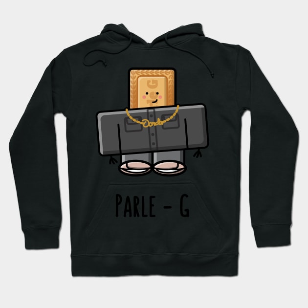 Black hoodie with cartoon biscuit design and "Parle-G" text, casual wear, soft cotton material.
