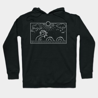 Black hoodie with white abstract sea creature design, featuring sun and clouds. Casual style, cotton material.