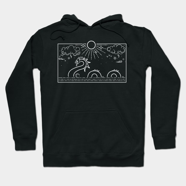 Black hoodie with white abstract sea creature design, featuring sun and clouds. Casual style, cotton material.