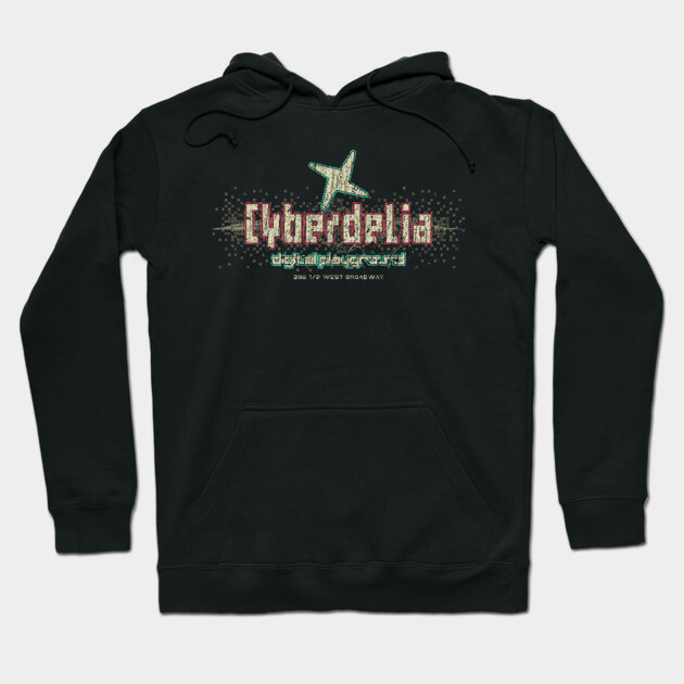 Black Cyberdelia hoodie with graphic print, cotton blend, unisex style, perfect for casual wear and comfort.