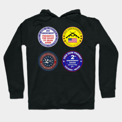 Black hoodie with colorful Second Amendment graphic patches, casual style, cotton blend, unisex design, comfortable fit.