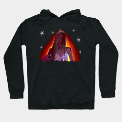 Black graphic hoodie with star accents, featuring a vibrant artistic design on the front, casual and comfortable style.