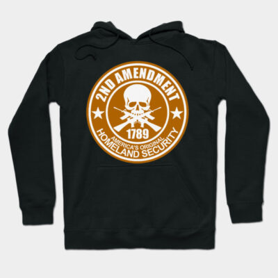 Black hoodie featuring a bold 2nd Amendment graphic with skull and crossbones, ideal for casual wear or outdoor activities.