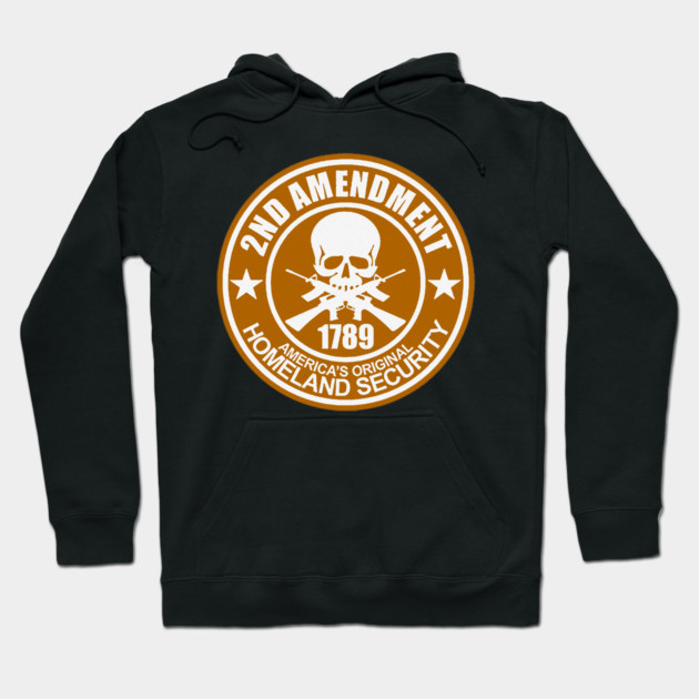 Black hoodie featuring a bold 2nd Amendment graphic with skull and crossbones, ideal for casual wear or outdoor activities.