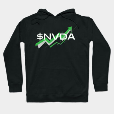 Black hoodie with "$NVDA" graphic, green arrow design. Casual style, ideal for tech enthusiasts. Cozy cotton material.