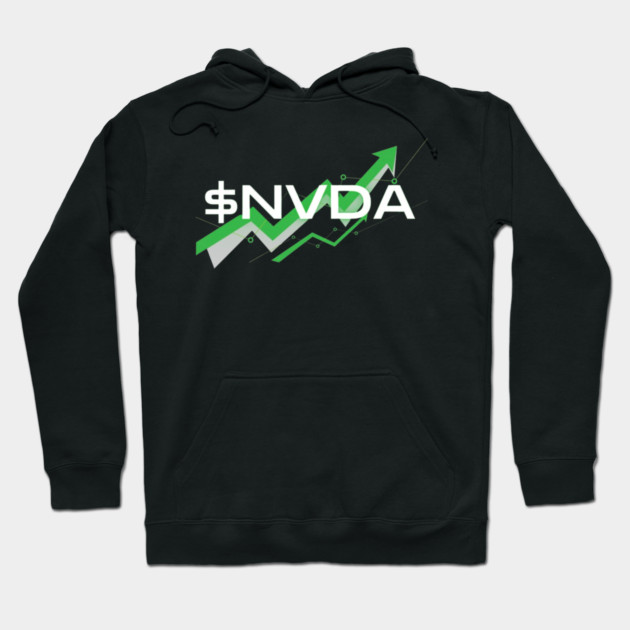 Black hoodie with "$NVDA" graphic, green arrow design. Casual style, ideal for tech enthusiasts. Cozy cotton material.
