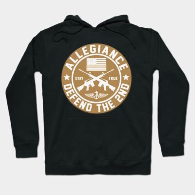 Black hoodie with tan "Defend the 2nd" graphic, American flag, and rifles. Casual cotton blend, unisex fit.