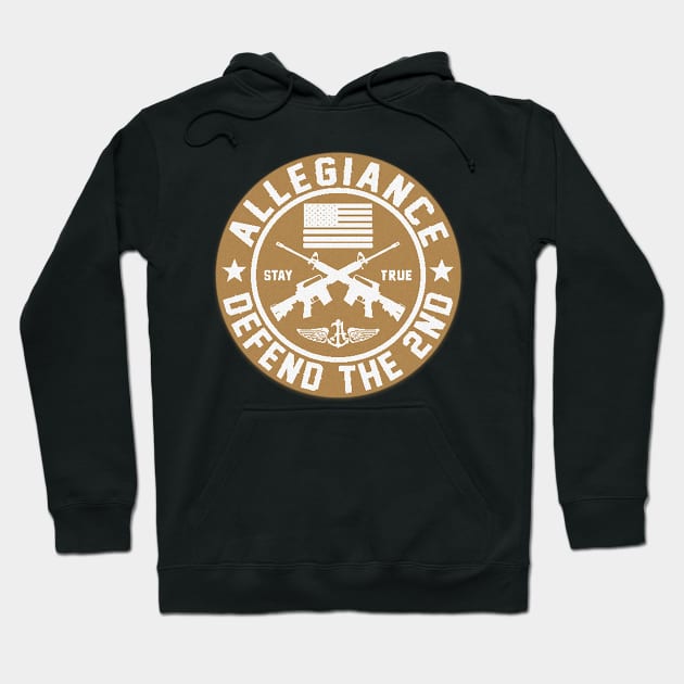 Black hoodie with tan "Defend the 2nd" graphic, American flag, and rifles. Casual cotton blend, unisex fit.