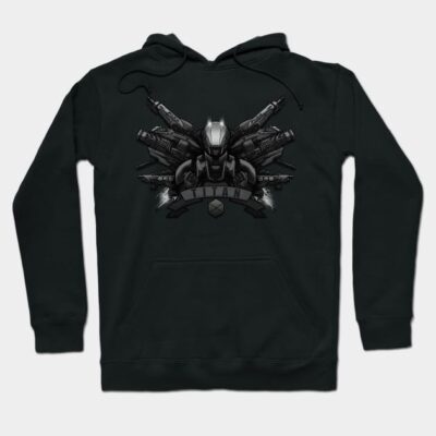 Black graphic hoodie with futuristic robot design, ideal for casual wear; soft cotton blend for comfort and style.