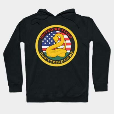 Black hoodie with "Don't Tread on Me" emblem, featuring a yellow snake and American flag design. Cotton material.