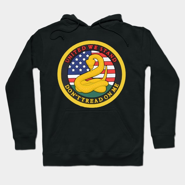 Black hoodie with "Don't Tread on Me" emblem, featuring a yellow snake and American flag design. Cotton material.
