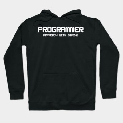 Black hoodie with "Programmer Approach with Snacks" text, casual style, soft fabric, ideal for tech enthusiasts.