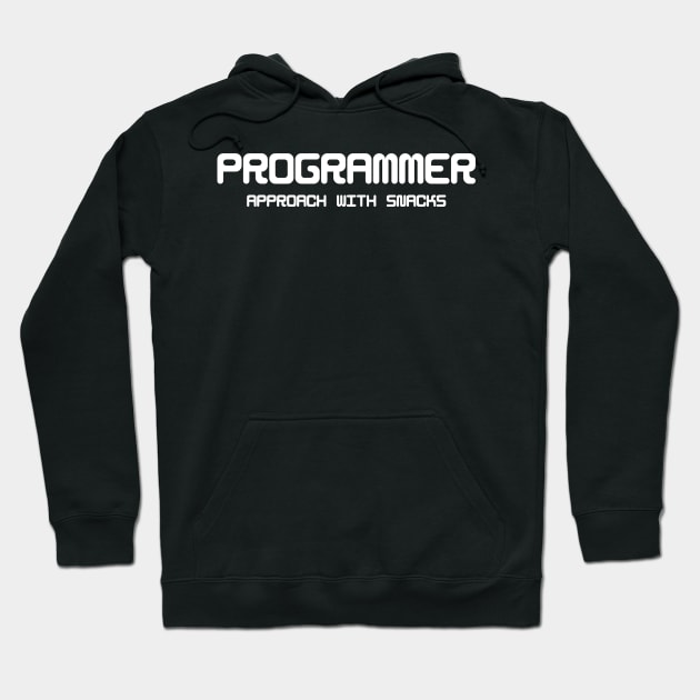 Black hoodie with "Programmer Approach with Snacks" text, casual style, soft fabric, ideal for tech enthusiasts.