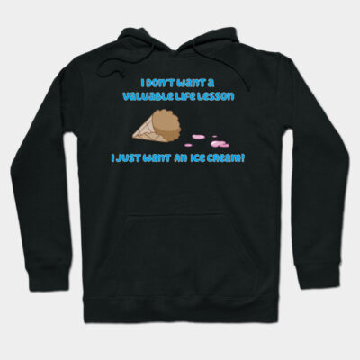 Black hoodie with playful ice cream graphic and humorous text, casual wear, perfect for cozy and fun outings.