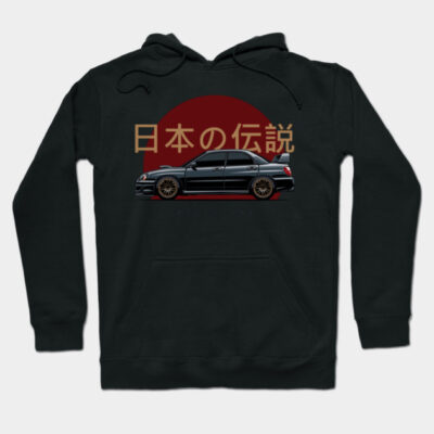 Black hoodie with Japanese car graphic and text, featuring a bold red circle design. Perfect for casual wear.