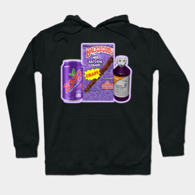 Black hoodie with grape-themed design featuring soda can, cigar pack, and cough syrup. Casual style, cotton blend.
