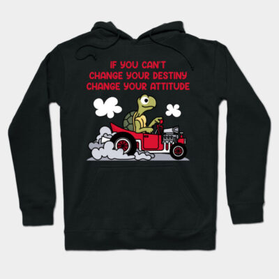 Black hoodie with cartoon turtle driving a car, red text "Change Your Destiny" graphic, cozy casual wear.