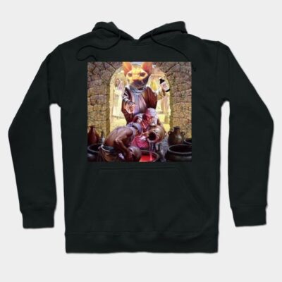 Black hoodie featuring a colorful, surreal cat and medieval scene graphic, cozy cotton blend material.