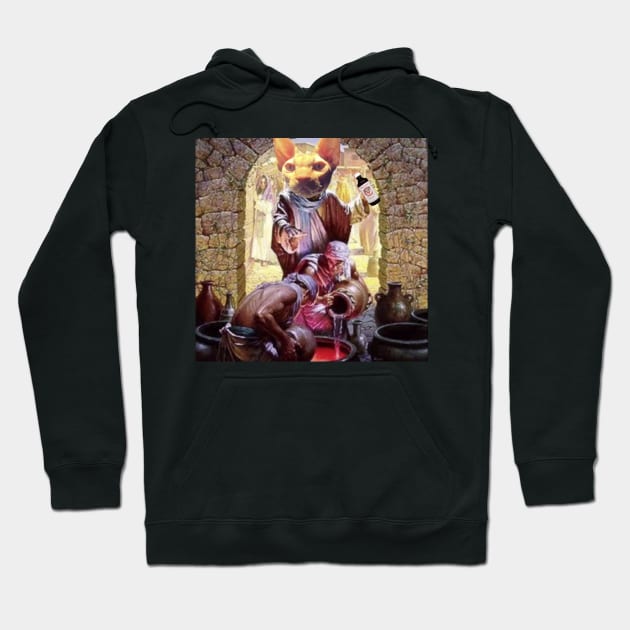 Black hoodie featuring a colorful, surreal cat and medieval scene graphic, cozy cotton blend material.