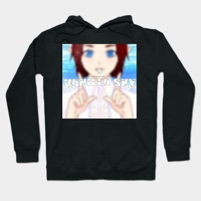Black hoodie with "Vanilla Sky" graphic, featuring blue and white colors, ideal for casual wear.