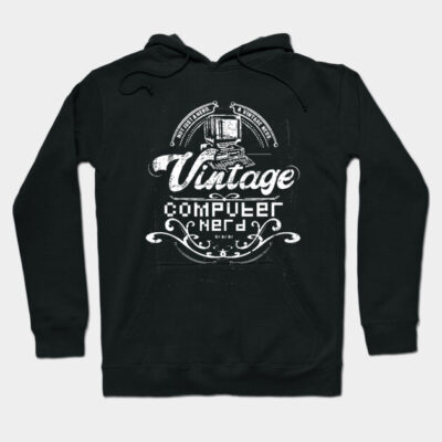 Black vintage computer nerd hoodie with retro graphic design, perfect for tech enthusiasts, cotton blend material.