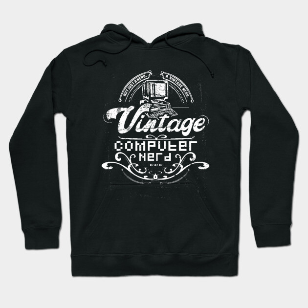 Black vintage computer nerd hoodie with retro graphic design, perfect for tech enthusiasts, cotton blend material.