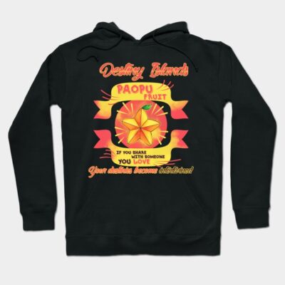 Black hoodie with colorful "Paopu Fruit" graphic, text design, and drawstring hood. Perfect for casual wear.