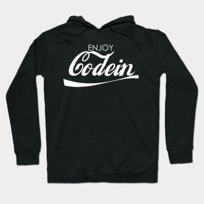 Black hoodie with "Enjoy Codein" text in white, featuring a casual style and front pocket, ideal for everyday wear.