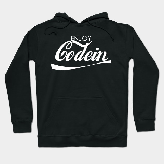 Black hoodie with "Enjoy Codein" text in white, featuring a casual style and front pocket, ideal for everyday wear.
