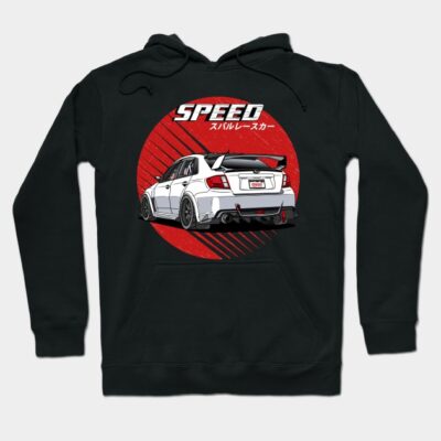 Black hoodie with white race car graphic and "Speed" text, ideal for casual wear, made from soft cotton blend.
