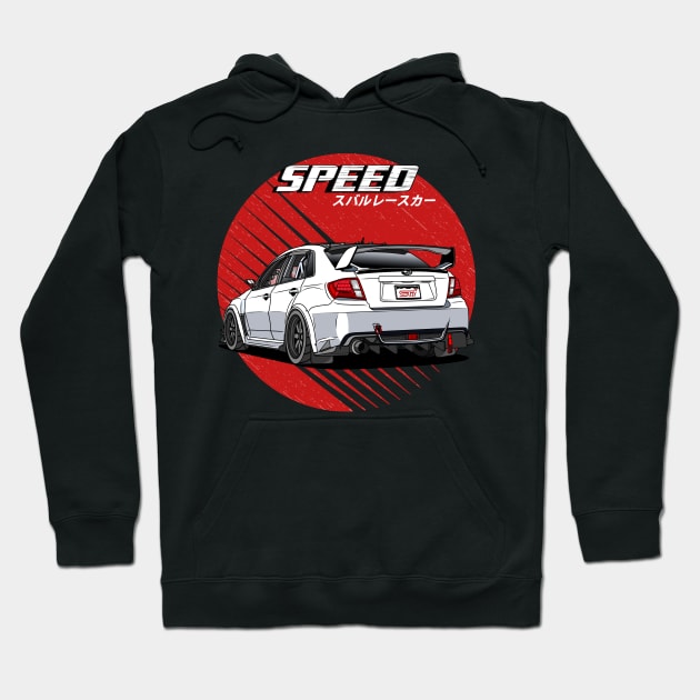 Black hoodie with white race car graphic and "Speed" text, ideal for casual wear, made from soft cotton blend.