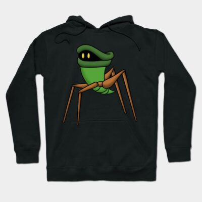 Black hoodie with green cartoon character print, unisex casual wear, cotton blend material, ideal for cool weather.