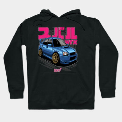 Black hoodie featuring blue sports car graphic and bold pink text, perfect for car enthusiasts and casual wear.