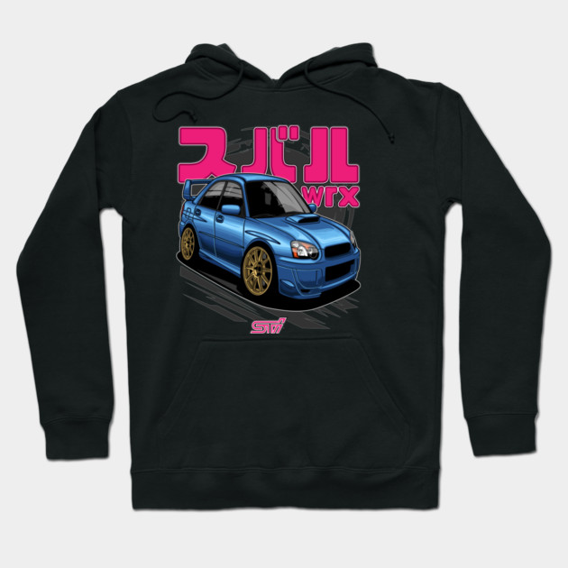Black hoodie featuring blue sports car graphic and bold pink text, perfect for car enthusiasts and casual wear.