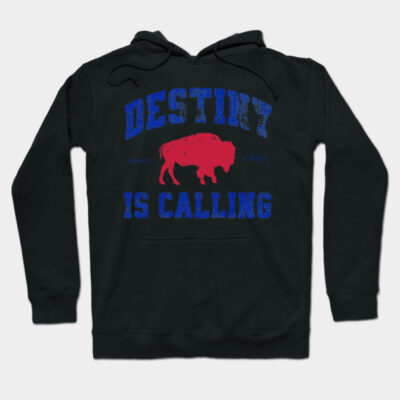Black hoodie with "Destiny is Calling" text, red buffalo graphic, blue lettering, casual style, cotton fabric.