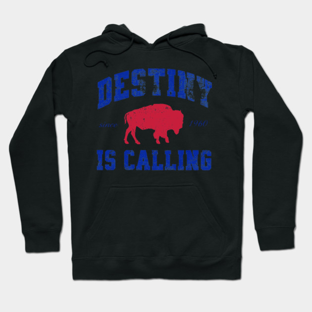 Black hoodie with "Destiny is Calling" text, red buffalo graphic, blue lettering, casual style, cotton fabric.