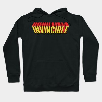 Black hoodie with "Invincible" graphic in red and yellow, casual style, comfortable cotton material, ideal for everyday wear.