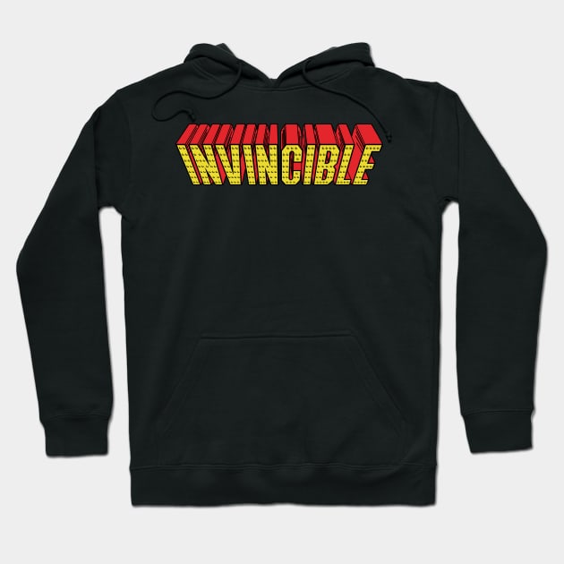 Black hoodie with "Invincible" graphic in red and yellow, casual style, comfortable cotton material, ideal for everyday wear.