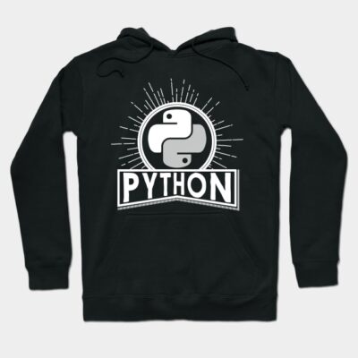 Black Python logo hoodie, cotton, unisex, tech-themed casual wear, long-sleeve with front pocket, stylish and comfortable.