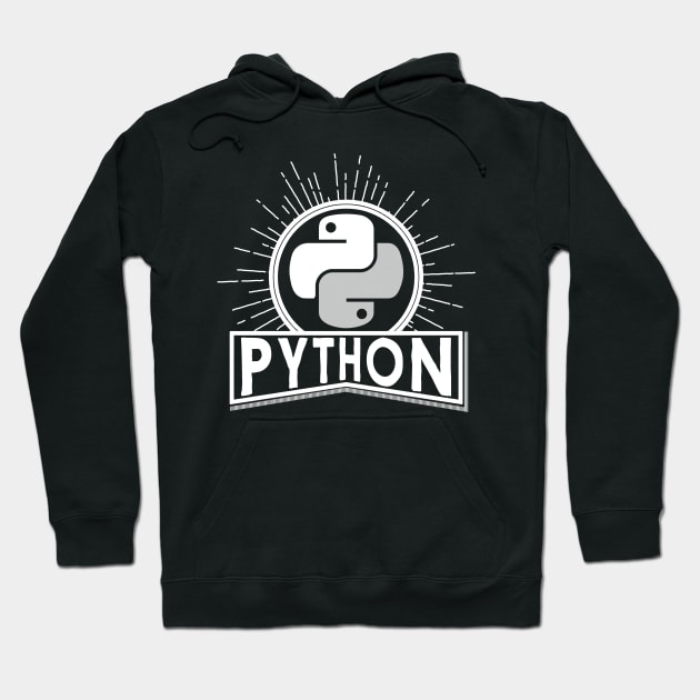 Black Python logo hoodie, cotton, unisex, tech-themed casual wear, long-sleeve with front pocket, stylish and comfortable.