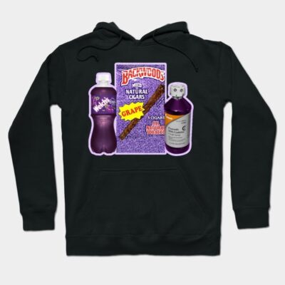 Black hoodie featuring grape-themed design with cigars and drink bottle, casual streetwear style.