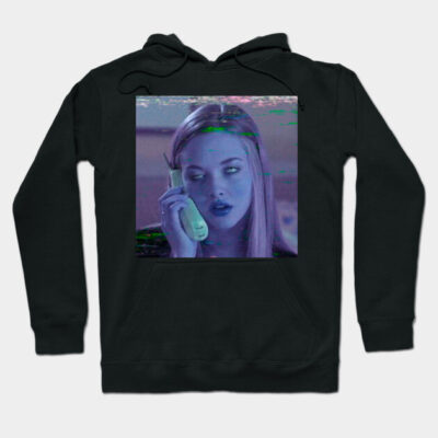 Black hoodie with retro graphic of a person on a phone, featuring a glitch effect. Cozy cotton material, casual wear.