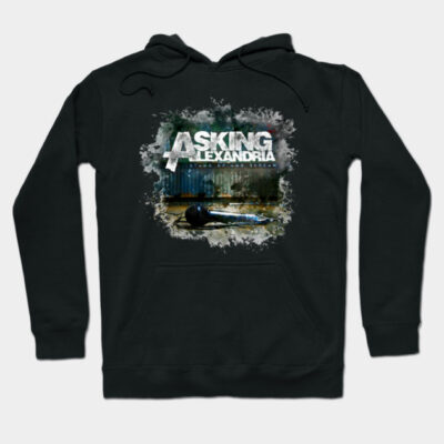 Black graphic hoodie featuring "Asking Alexandria" design, casual wear, cotton blend, unisex style.