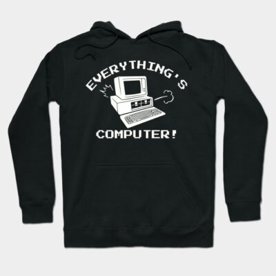 Black hoodie with white retro computer graphic and text "Everything's Computer", casual style, cotton blend.