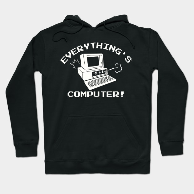 Black hoodie with white retro computer graphic and text "Everything's Computer", casual style, cotton blend.